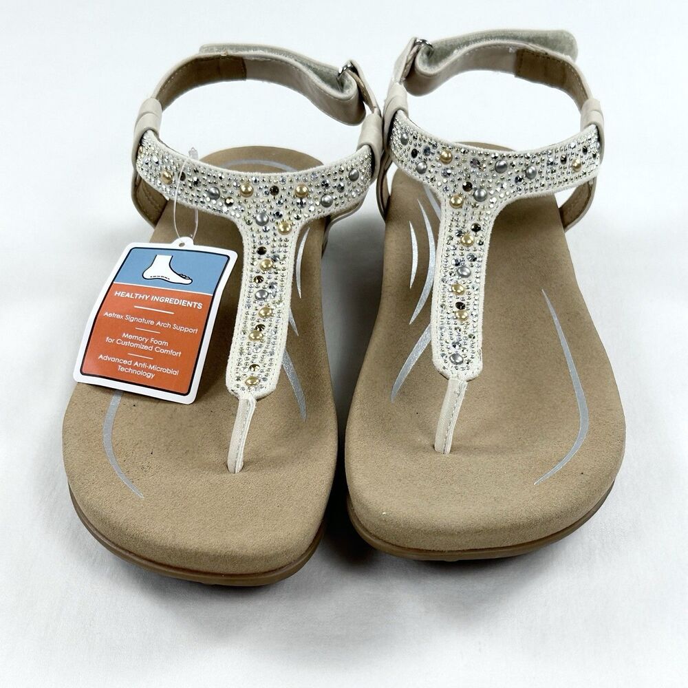 Aetrex Lindsey Beaded Thong Sandals Size 9 9.5 EU 40 Cream Arch Support